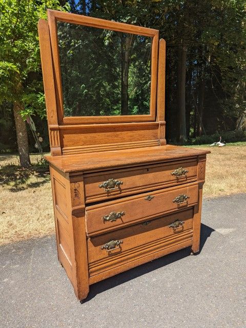 Antique Wood Dresser & Mirror From The Late 1800's For Restoration