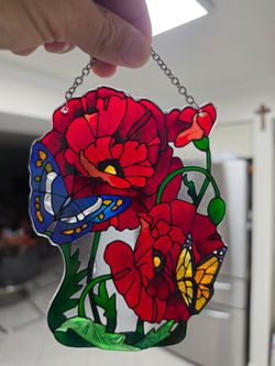 Red Poppy Stained Glass Suncatcher: Flower Window Hanging
