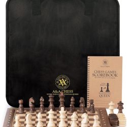 A&A Professional Wooden Chess and Checkers Set, 15.5" Wooden Board with 3" Weighted Wooden Chess Pieces, Chess Scorebook and Storage Bag