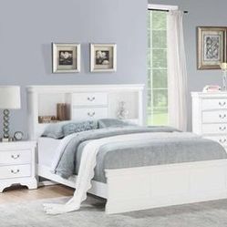 Cal-King White Bed Frame With Bookcase Headboard $399