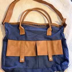 Navy Canvas and Tan Leather Tote