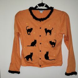 HARTSTRINGS Vintage Halloween Cardigan Orange Black Cats Girls Size 10/12
