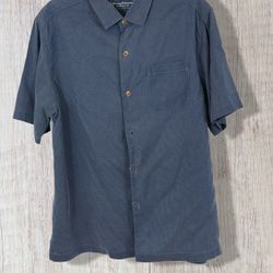 Tommy Bahama 2010s Blue Textured Silk Short Sleeve Button Down Shirt Size L