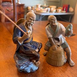 Vintage Chinese Shiwan Ceramic 2-Mudman Fisherman Figures (No Fishing line)