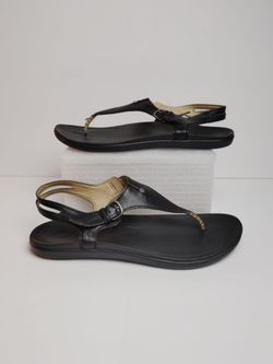 Olukai 'Eheu T-Strap Black Leather Sandals ~ Size 8 (38)
