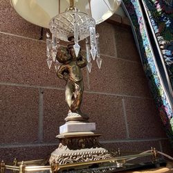 Antique Lamp  Crystal And Brass Angel On Marble  