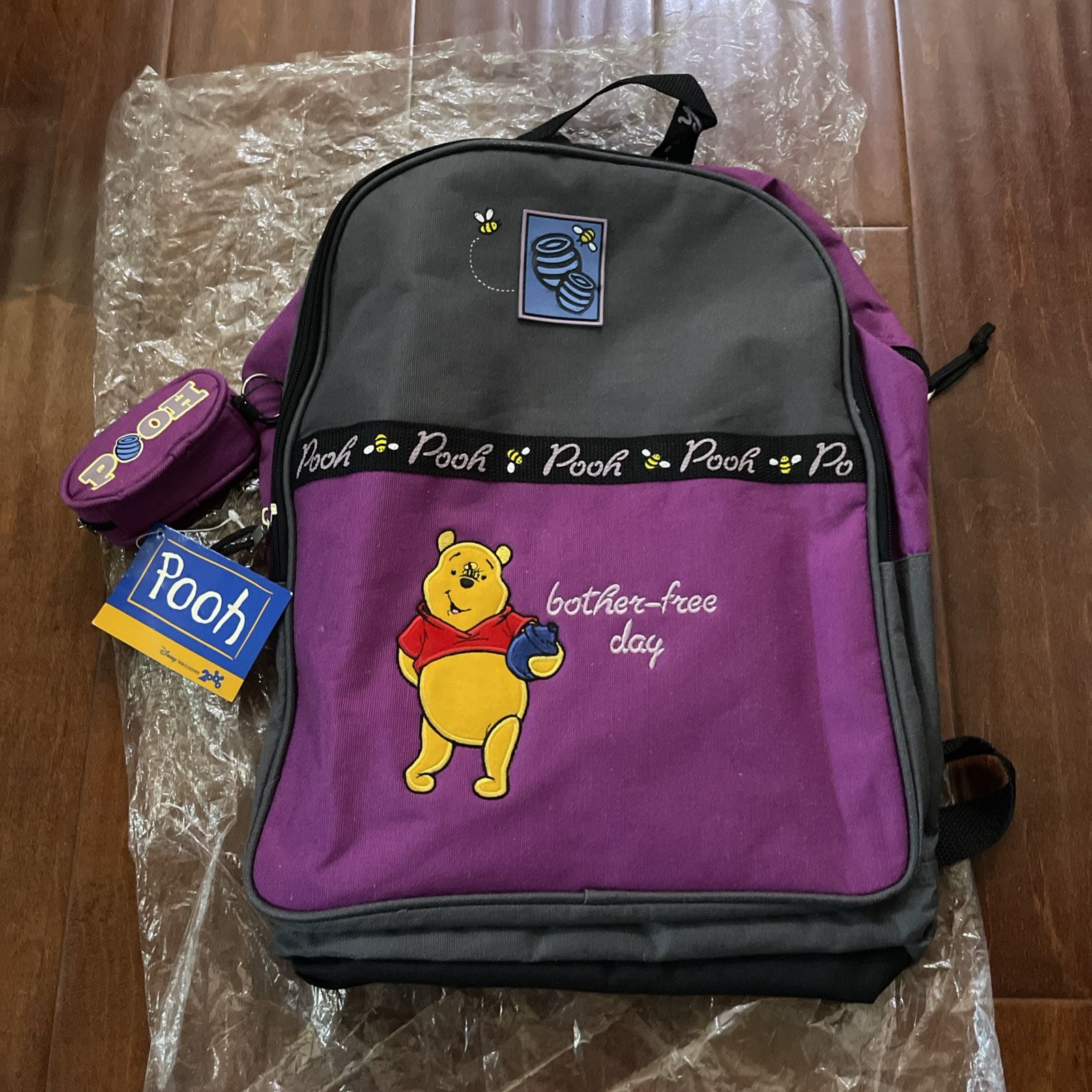 Vtg Disney Winnie Pooh “Bother-Free Day”Backpack + Hand Lotion Holder Keychain