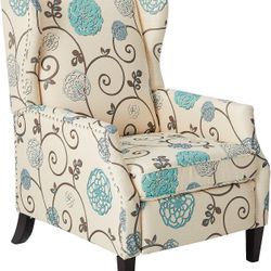 Westeros Traditional Wingback Fabric Recliner Chair Cream White & light Blue Floral)