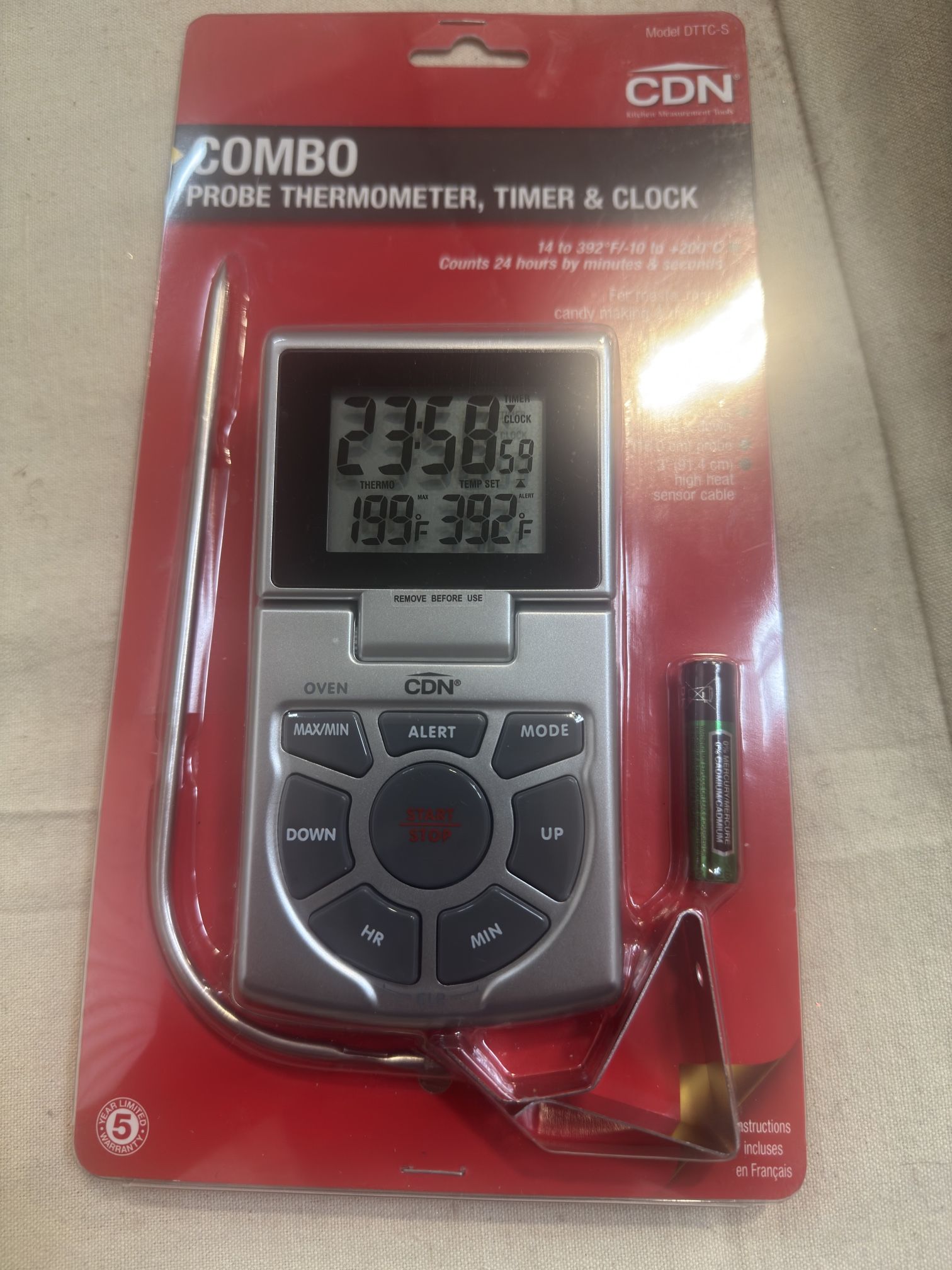 CDN Combo Probe DTTC-W thermometer timer clock meat candy fry 6" probe alarm