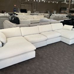 Cream White Feather Down Double Chaise Sectional 