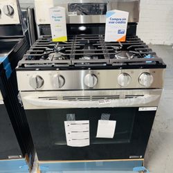 This new LG gas stove comes with a one-year warranty. We also have financing available for up to six months.