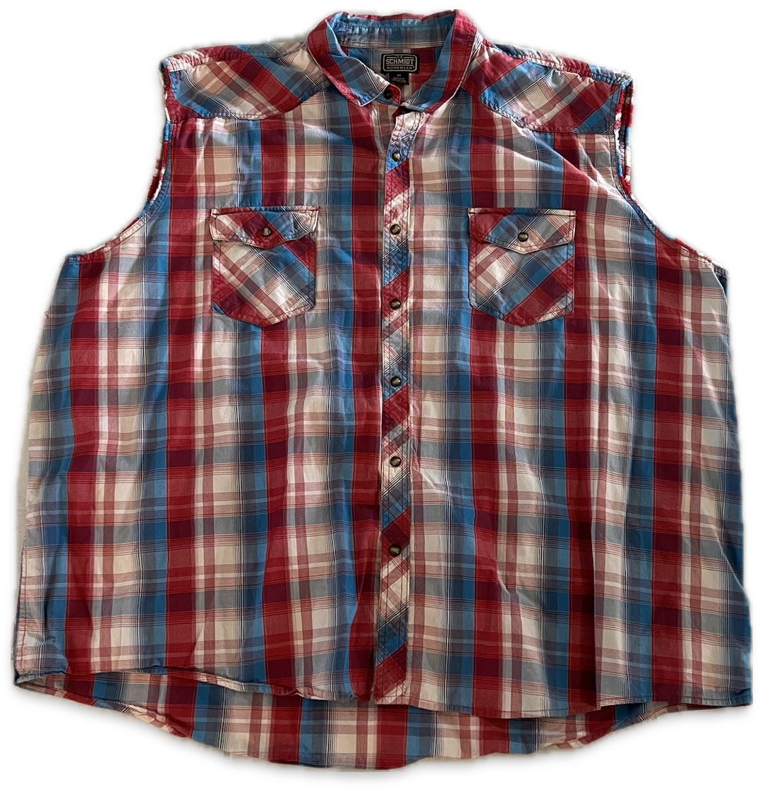 CE Schmidt Workwear Red Plaid Pearl Snap Sleeveless Button Up Shirt Mens sz 4X