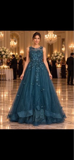 Teal Ball Gown with Floral Appliqué