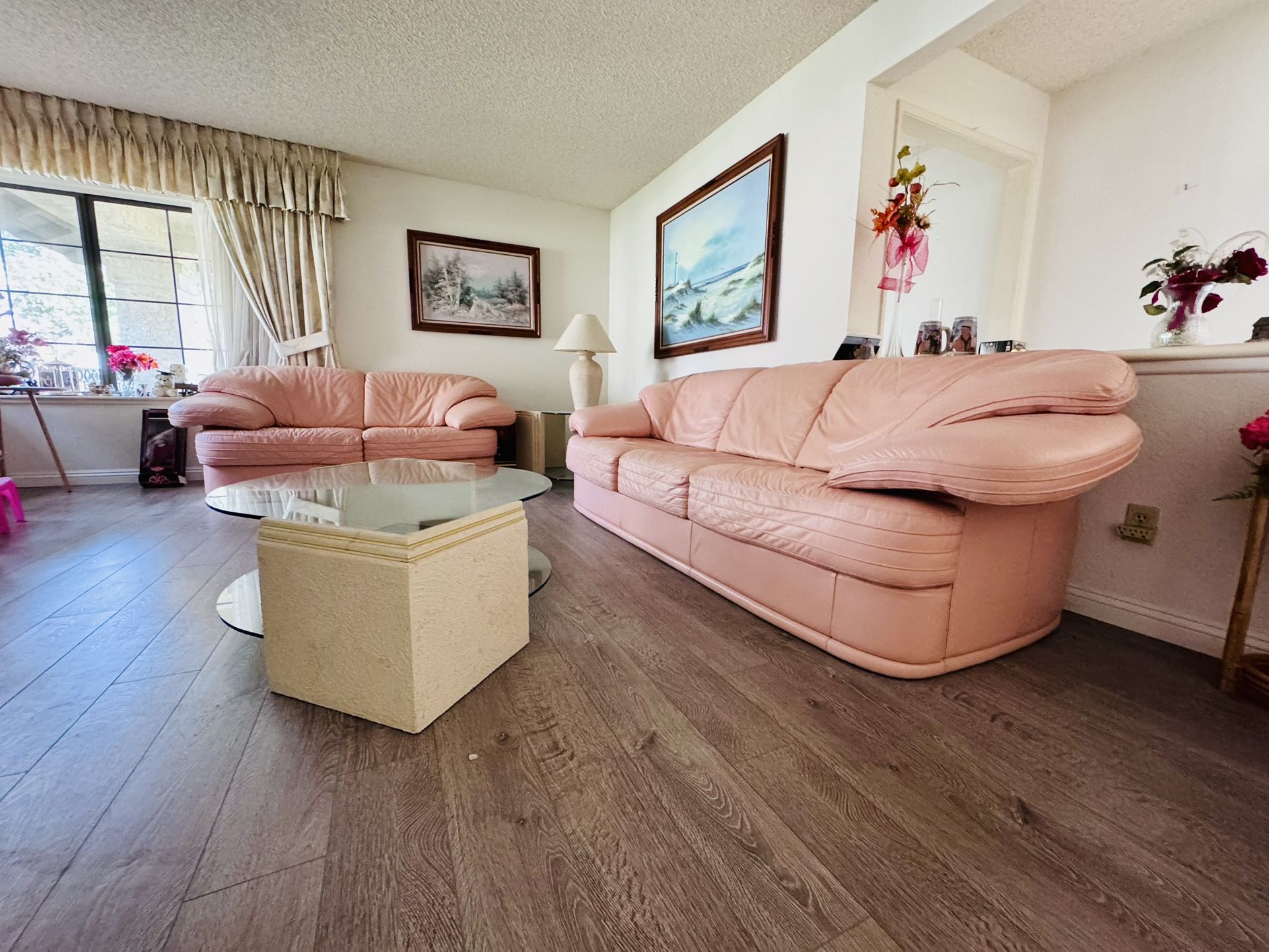 Gorgeous Vintage Genuine Leather Sofa and Couch Set with Matching Glass Coffee Table and Side Table
