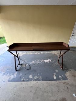 Modern Walnut Writing Desk / Console — Built-In Outlets + USB, Rolling