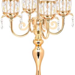 Kehail Gold 5 Arm Pendant Square Crystal Table Decor 22 Inch Candle Holder, Classic And Elegant Table Centerpiece Atmosphere Candle Holders For Gift W