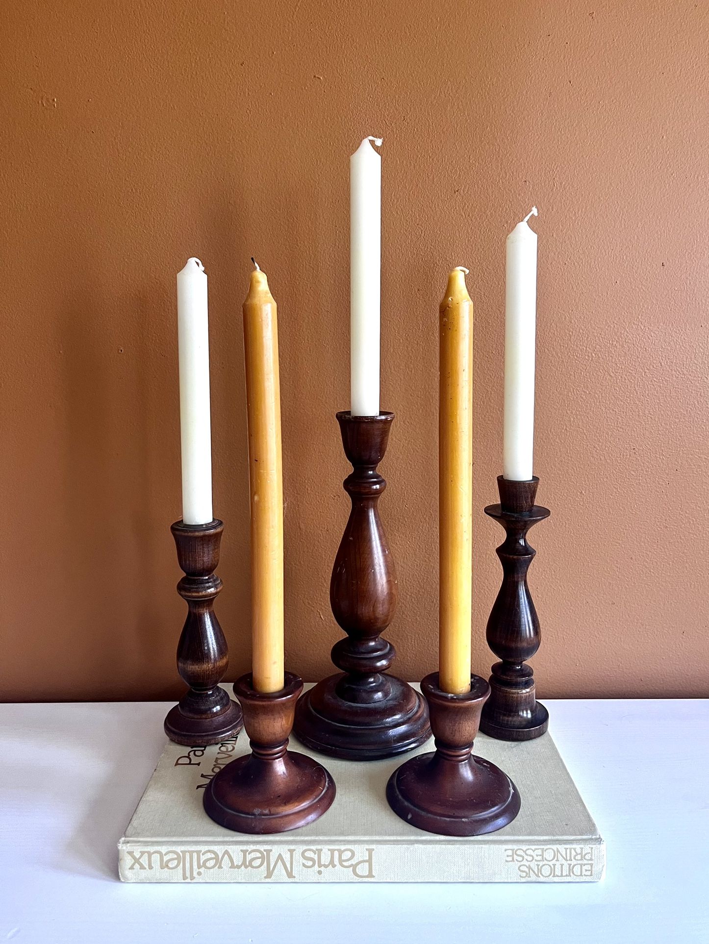 Vintage Wooden Candlestick Holders Set of Five Carved Candle Holders