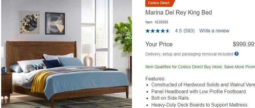 Marina Del Rey King Bed Costco Item #1635565