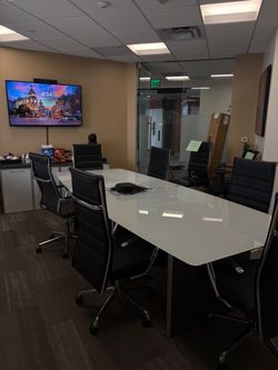 White Glass Conference Table & Chairs with matching Credenza