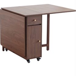 Extendable Drop Leaf Foldable Dining Table with 2 Drawers and 4 Wheels for Living Room Kitchen Farmhouse Space Saving Table in Walnut