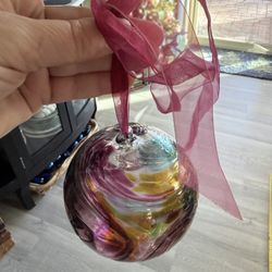 Hand Blown Multicolor Glass Ornament With Magenta Ribbon  W/box