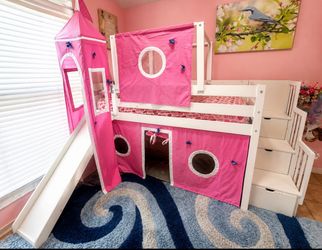 Princess Loft Bed with Slide & Playhouse Tent, with storage, LED lights & mattress