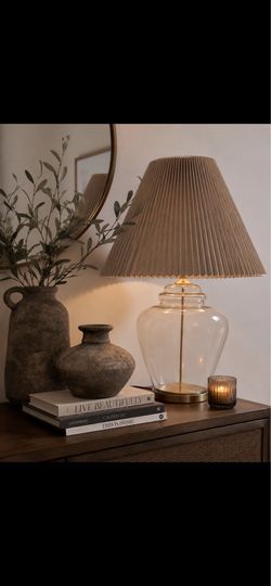 Oversized Clear Glass Table Lamp with Pleated Linen Shade + Rustic round stoneware vases