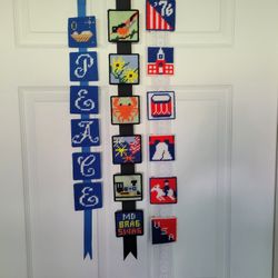 3 Needlepoint Plastic Canvas Hanging Swags Christmas Peace, Maryland Brag, and USA Bicentennial. 