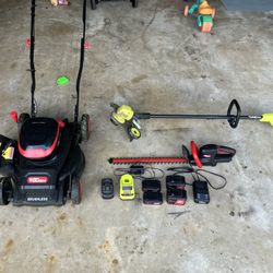 Assorted Lawn Care Equipment (Ryobi Hyper Tough Lawn Mower Weed Walker)
