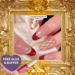Red French Ballet Gel Press On Nails  10 Pc Set - FREE GLUE & BUFFER
