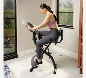 B22 $80  R8 Foldable Exercise Bike w. Upper Body Resistance  Product Features Dimension: 27.8"D*14.9"W*45.6"H 8 levels of resistance Cushioned backres