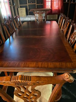 Beautiful 8-Person Solid Wood Dining Table & 8 Carved Chairs