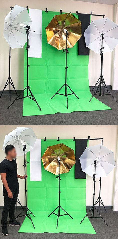 $80 NEW Photo Set Studio Kit w/ Backdrop Stand, 3x Muslin Cloth, 3x Umbrella Lighting and Bulbs