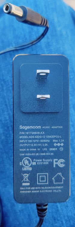 Sagemcom AC/DC Adapter #1(contact info removed)9-XX Model # ADS-42DG-12 - 12V 3.5A