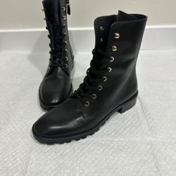 Stuart Weitzman Black Leather Mid-Calf Combat Boot Lace-Up Zip Gold Hardware 6.5