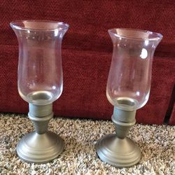 Hurricane style candle holders. Pewter And Glass