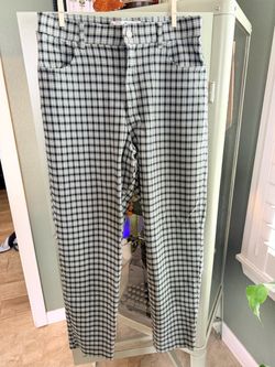 Black and White and Green Plaid Straight-Leg Pants