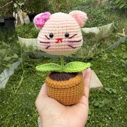 Cute Gift Handmade Pink Mouse Flower Pot Crochet Bag Charm Amigurumi Room Decor