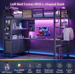 Full Loft Bed with Desk and 5 Storage Drawers,with LED Lights and Charging Station, Metal Bunk Bed Frame with Ladder, Clothes Rail,Oak Gray