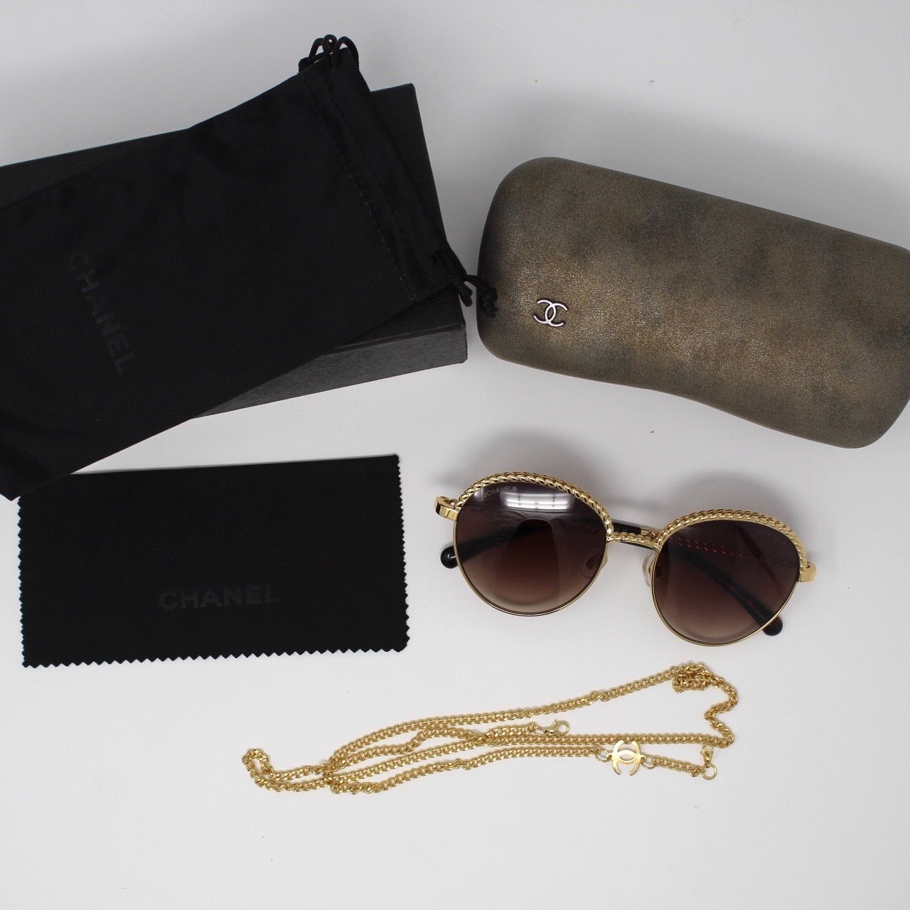 chanel brown tortoise gold quilted CC logo pantos sunglasses