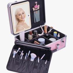 Extra Large 15 inches Makeup Case with Lighted Mirror –Cosmetic Organizer with Adjustable Dividers, Magnetic LED Mirror, Portable Makeup Suitcase for 