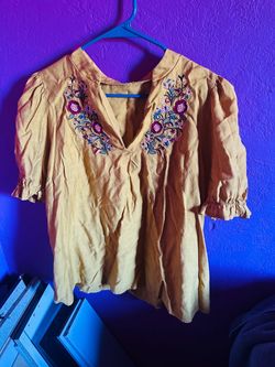 Mustard Yellow Long Sleeve Blouse with Colorful Floral and vine around the V Neckline $10