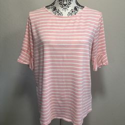 Croft & Barrow women's Top Size XL ruffled short sleeve pink white striped