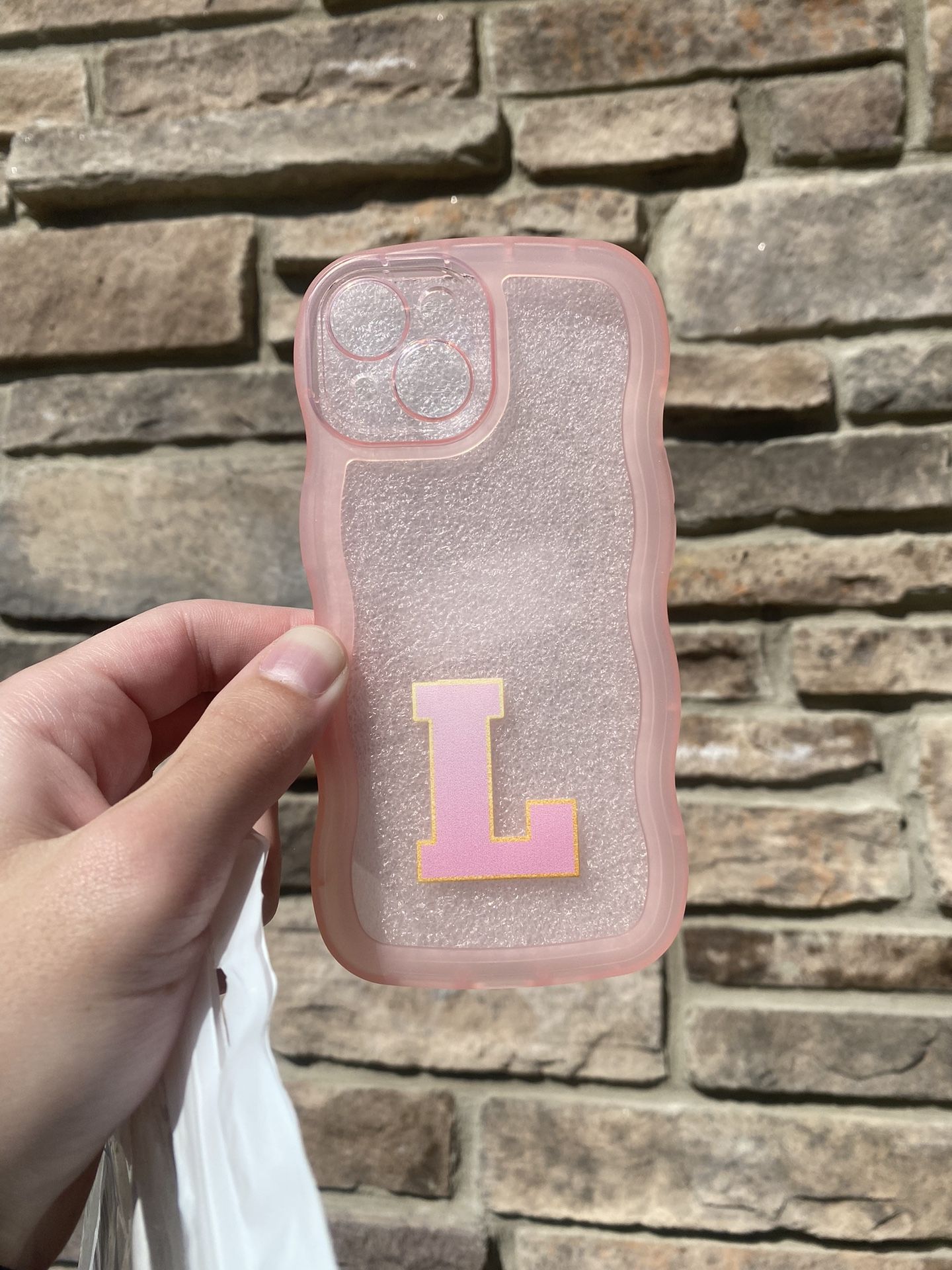 iPhone 15 Pink Case, Cute Curly Wave Shape, Letter L Initial