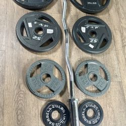 Olympic Equipment: Silver Curl Bar  & Weight Plates Pairs Of  35s, 25s, 10s And 2.5s  Pounds   (Total: 163 lbs)