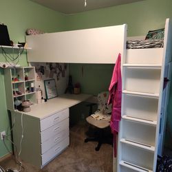 Loft Twin Bed with Desk Closet Cubby Storage White Wood MATTRESS INCLUDED 