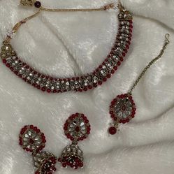 New | Indian Red Choker Tikka Earrings Set