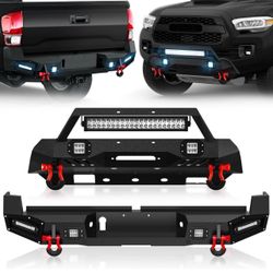 Stubby Front Bumper and Rear Bumper Compatible with 2016-2023 Toyota Tacoma 3rd Gen Pickup Truck Bumper with Skid Plate, Winch Plate, LED Lights, Sens