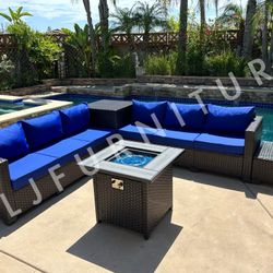 Brand NEW🔥 Patio Furniture Set Outdoor Brown Wicker Royal Blue Cushions with 30" Firepit ASSEMBLED