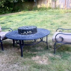 Outdoor Patio Set – Ice Tea / BBQ / Fire Pit Round Coffee Table + 2 Chairs with Cushions